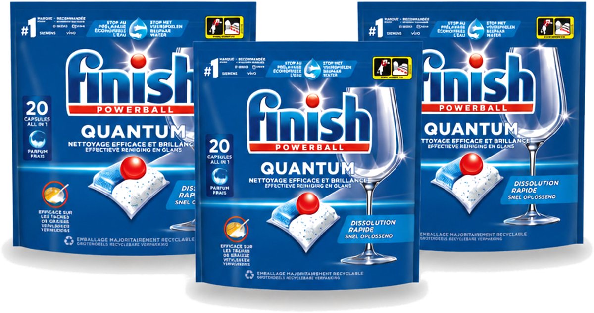 3 x Finish - Vaatwasmiddel - Quantum Vaatwastabletten Regular - Diepe Reiniging - 20 capsules - Voordeelverpakking - 3 stuks