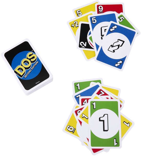 DOS Second Edition speelkaarten: een kaart met het logo, een set met gekleurde kaarten, en een stapel met cijferkaarten.