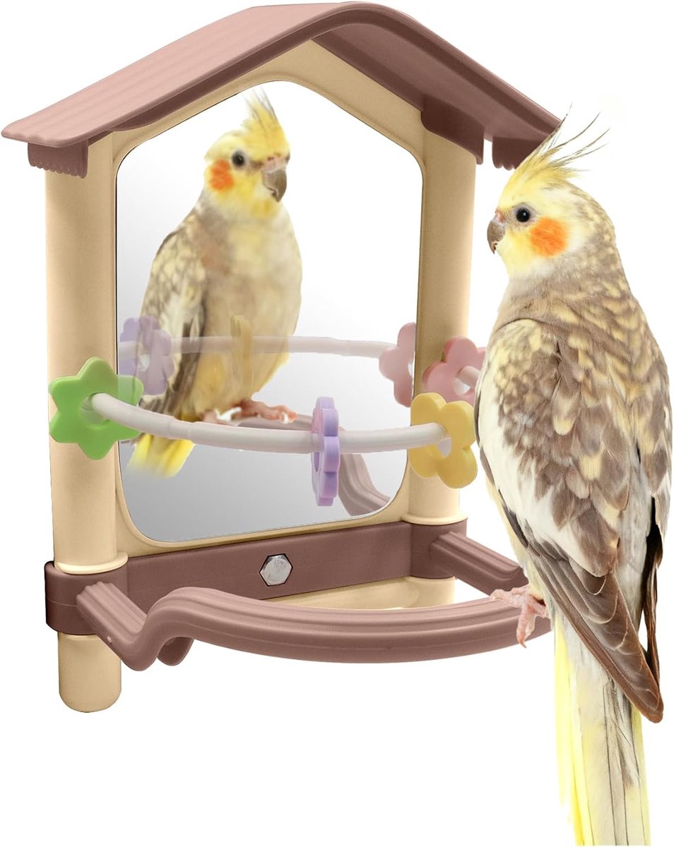 20 cm Vogelspiegel met baars standaard en kauwspeelgoed, parkietspiegel, decoratief vogelspeelgoed voor papegaaien, kleurrijke papegaaienspeelplaats voor dwergpapegaaien, conures valkparkieten (bruin)