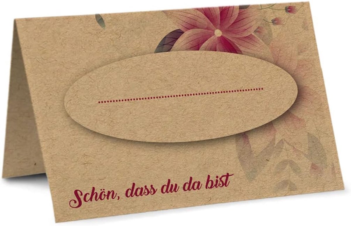 50 tafelkaarten/plaatskaarten DIN A7 voor bruiloft, verjaardag, communie, doop (DIN A7, kraftpapier bloemen)