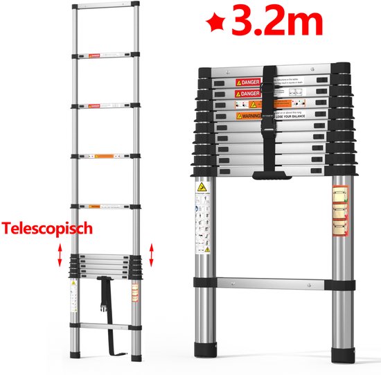De 3,2m telescopische ladder wordt getoond in uitgeschoven en ingeschoven toestand.
