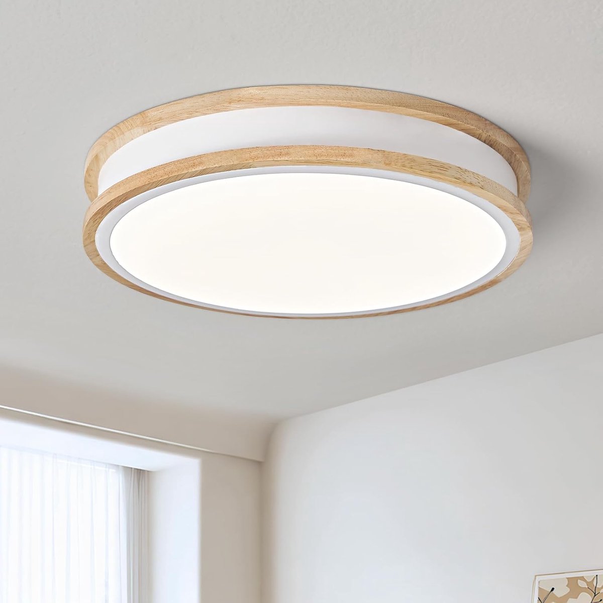 Plafondlamp LED,Moderne LED-plafondlamp, 30CM wit ronde hout plafondlamp,toepassing voor woonkamer slaapkamer keuken eetkamer(4000K 24W)