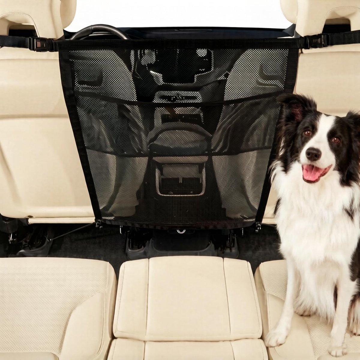 Afschermingsnet voor huisdieren met opbergtas, universeel scheidingsnet voor voorstoel en achterbank, huisdierveiligheidsbarrière tegen hond, voor auto, SUV, vrachtwagen, ideaal voor speelgoed en