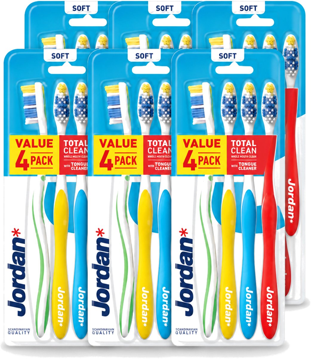 6 x Jordan - Total Clean - Tandenborstels Soft - 4 Tandenborstels - Voordeelverpakking - 6 stuks