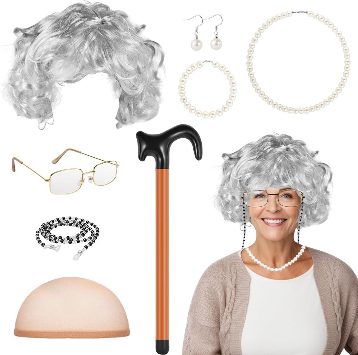 7-delig kostuum voor oude vrouw met pruik, oorbellen, halsketting en armbanden voor Halloween, carnaval en cosplay