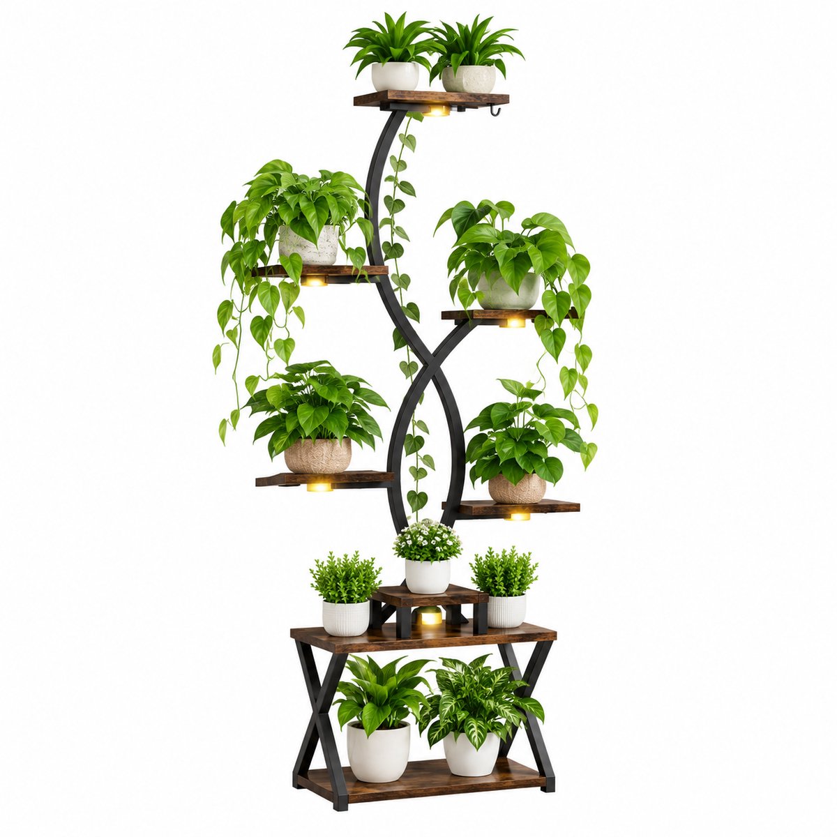 VILIMA - Plantenrek - Plantentrap - Plantenhouder - 8 niveaus - Plantenstandaard - Metalen frame - Inclusief groeilampen - Voor binnenshuis - 157 cm hoog