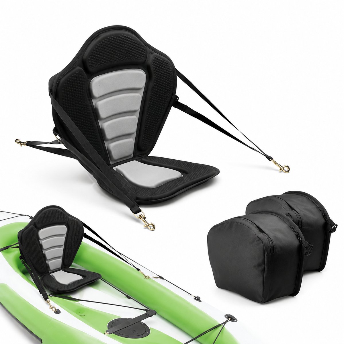 VILIMA - Universele kajakstoel - Bootstoel - Verstevigde rugleuning - Incl. opbergtas en riem - Comfortabel zitcomfort - gewatteerd kussen - Zwart