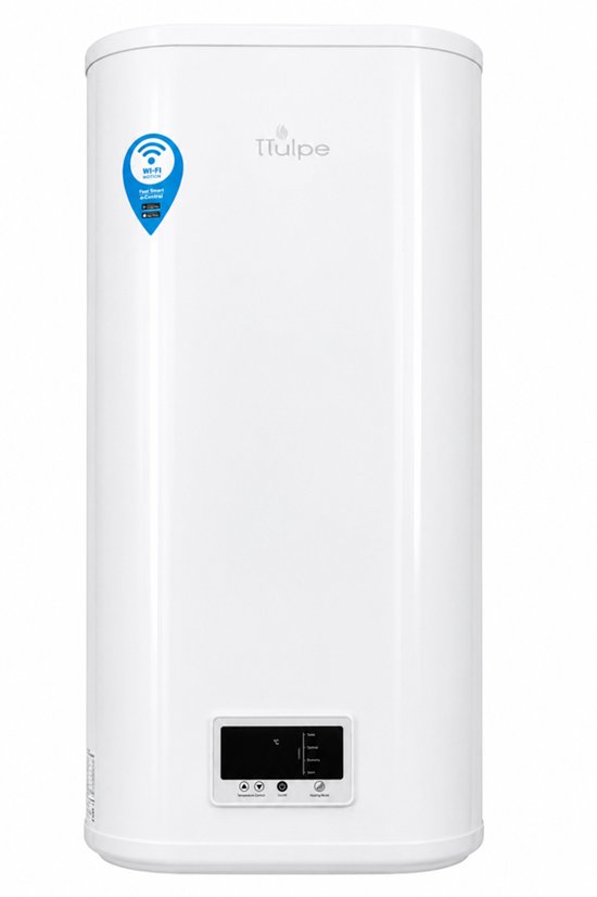 Witte verticale boiler met een plat digitaal bedieningspaneel onderaan en een 'Wi-Fi High Resolution' sticker.
