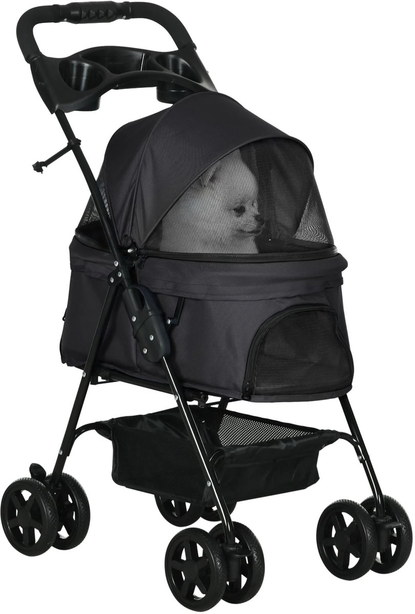 Bresht Kinderwagen - Buggy - Buggy inklapbaar - Hondenbuggy - Tot 15 kg - Afneembare kap - Vier gaasvensters - Met rem - Zwart