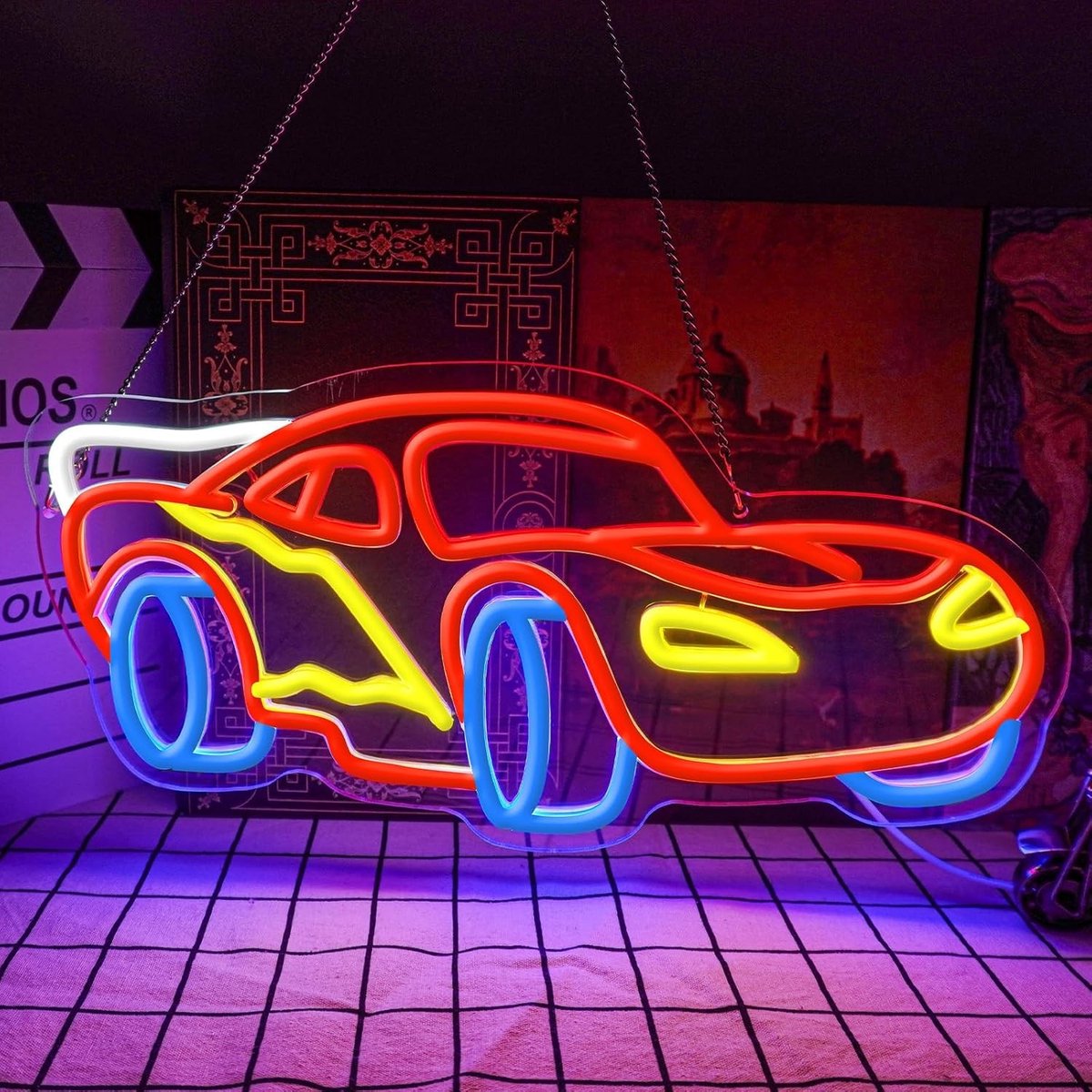Neonreclame Wanddecoratie - Racing Car - 32 x 35 x 1,5 cm - LED-verlicht Bord met USB-voeding - Voor Slaapkamers en Feesten