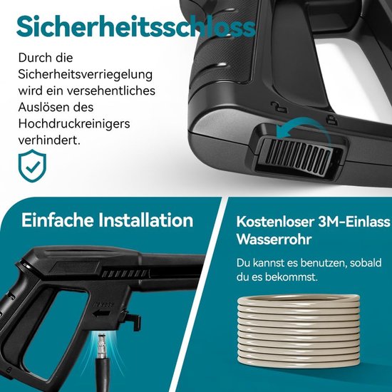 Hogedrukreiniger Elektrisch - Krachtige reiniger - Auto's en Terrassen Reinigen - Verstelbaar Mondstuk - 100 Bar Druk - Zwart — afbeelding 3