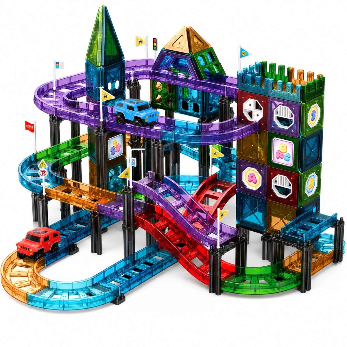 Five Stars® Magnetic Tiles - Racebaan - 131 Stuks - Magnetisch Speelgoed - Magnetische Tegels - 2 Raceauto’s - Bouwstenen - Montessori Speelgoed - Educatief Speelgoed - Constructiespeelgoed