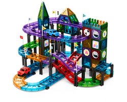 Five Stars® Magnetic Tiles - Racebaan - 131 Stuks - Magnetisch Speelgoed - Magnetische Tegels - 2 Raceauto’s - Bouwstenen - Montessori Speelgoed - Educatief Speelgoed - Constructiespeelgoed