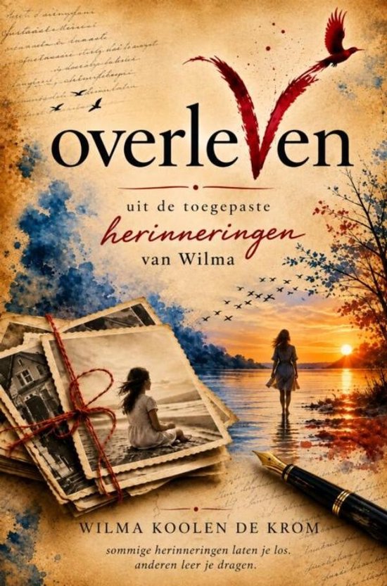 Boekomslag 'Overleven uit de toegepaste herinneringen van Wilma' met stapel foto's, vrouw bij zonsondergang en veerpen.