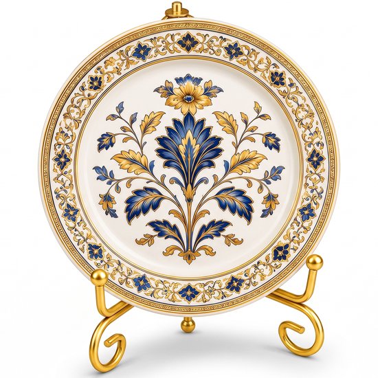 Wit bord met blauw en gouden bloemenpatroon, gedecoreerd met een centrale lotusbloem en gouden rand.