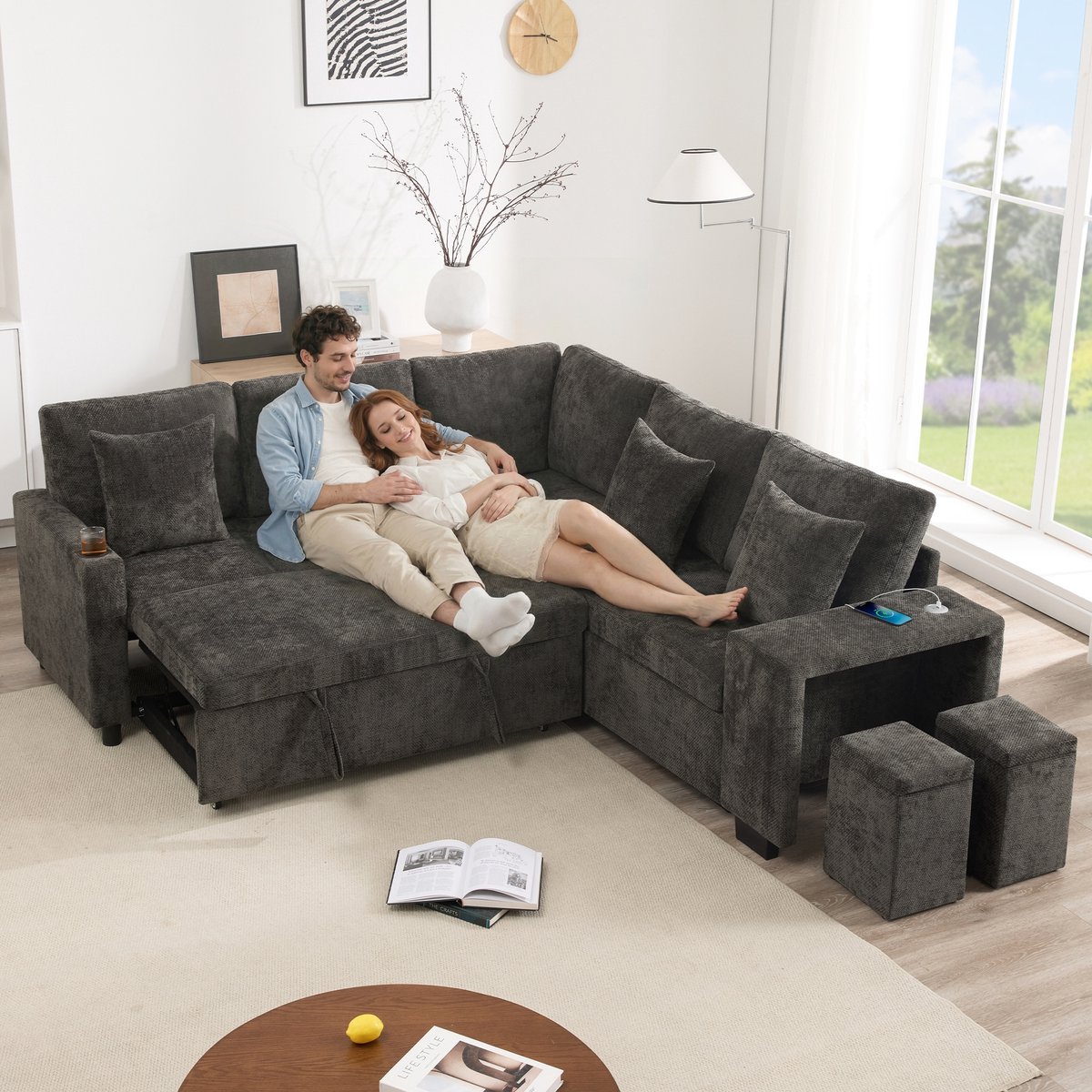 Multifunctionele Hoekbank, L-Bank, 4-Zits Bank, L-Vormige Converteerbare Slaapbank, Hoekbank Met Slaapfunctie En Opbergruimte, Bekerhouders, Brede Armleuningen, USB Oplaadpoort, Chenille Stof, Grijs