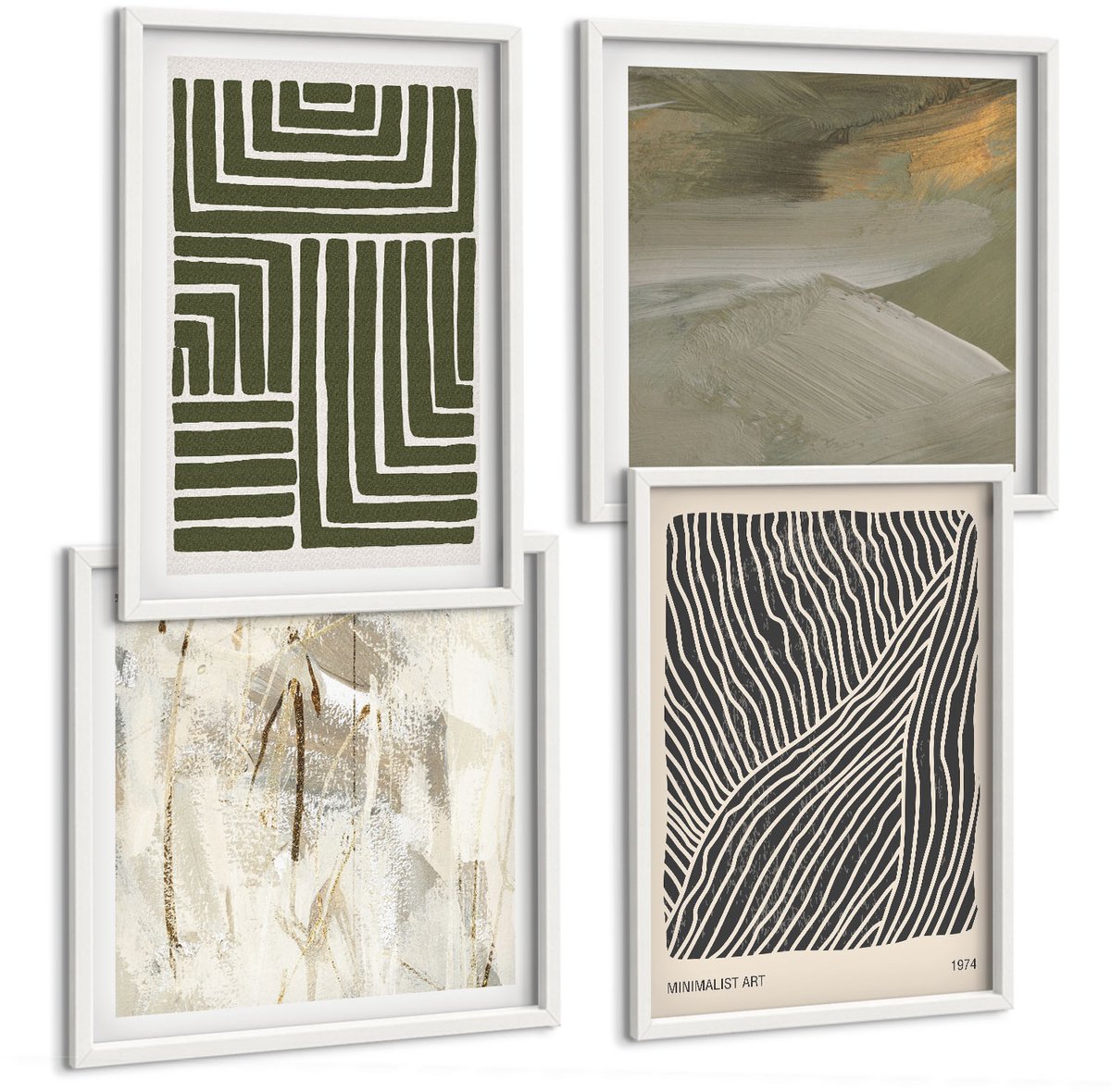 Coloray 4-Delige Schilderij Set - Patronen Van Lijnen En Vormen In Groene Tinten - 40 x 40 En 40 x 60 - Schilderijen Set - Wanddecoratie - Woonkamer - Muurdecoratie