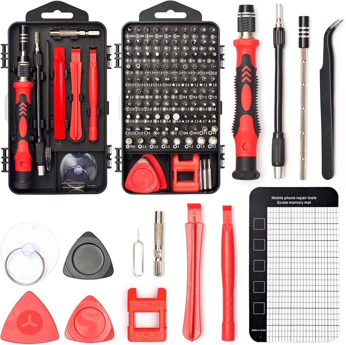 Schroevendraaierset, precisie, 122-in-1, elektronica-reparatiekit, magnetisch, met koffer, reparatie van computer, iPhone, pc, gsm, laptop, Nintendo, PS4, consoles, horloge, bril, etc, rood
