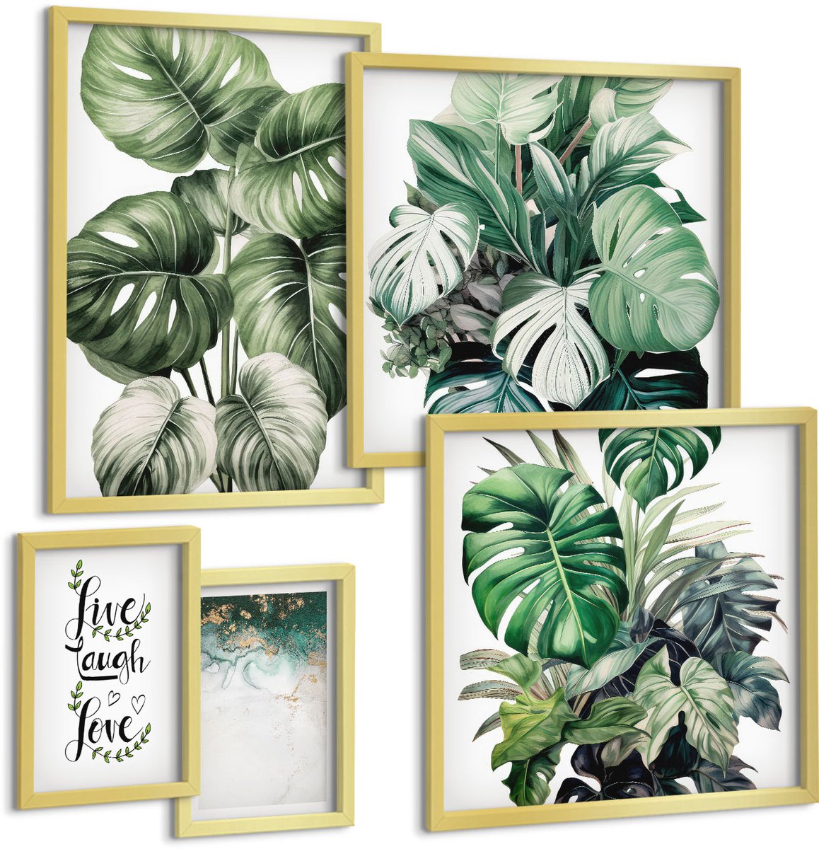 Coloray 5-Delige Schilderij Set - Plantenmotieven Met Inspirerende Citaten En Abstracte Kunst - 50 x 50 cm, 20 x 30 cm En 40 x 60 cm - Decoratieve Muurdecoratie - Slaapkamer - Woonkamer Decoratie