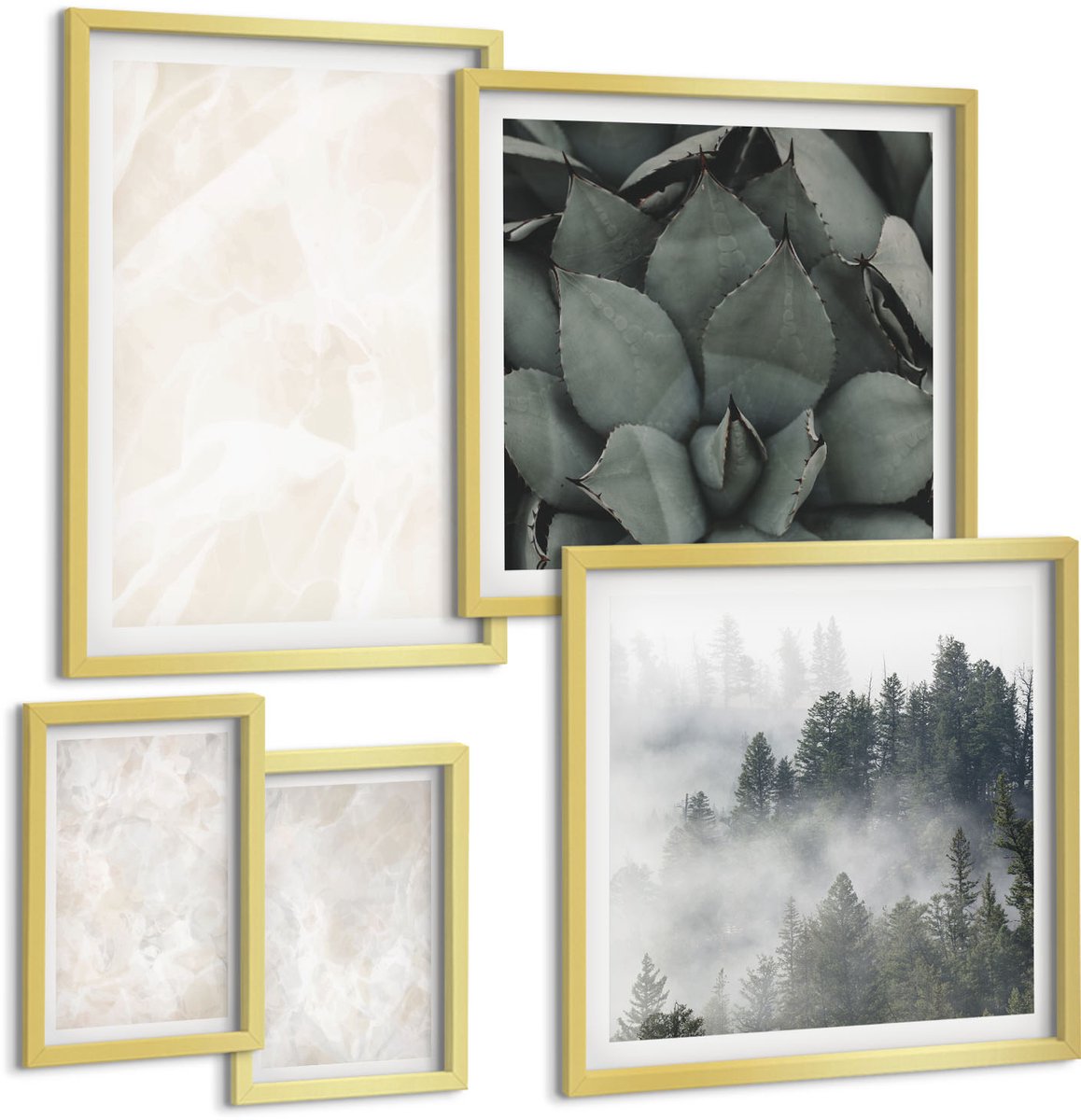 Coloray 5-Delige Schilderij Set - Pastelkleurige Stenen Structuren Van Wit Marmer - 50 x 50 cm, 20 x 30 cm En 40 x 60 cm - Wanddecoratie - Woonkamer Decoratie