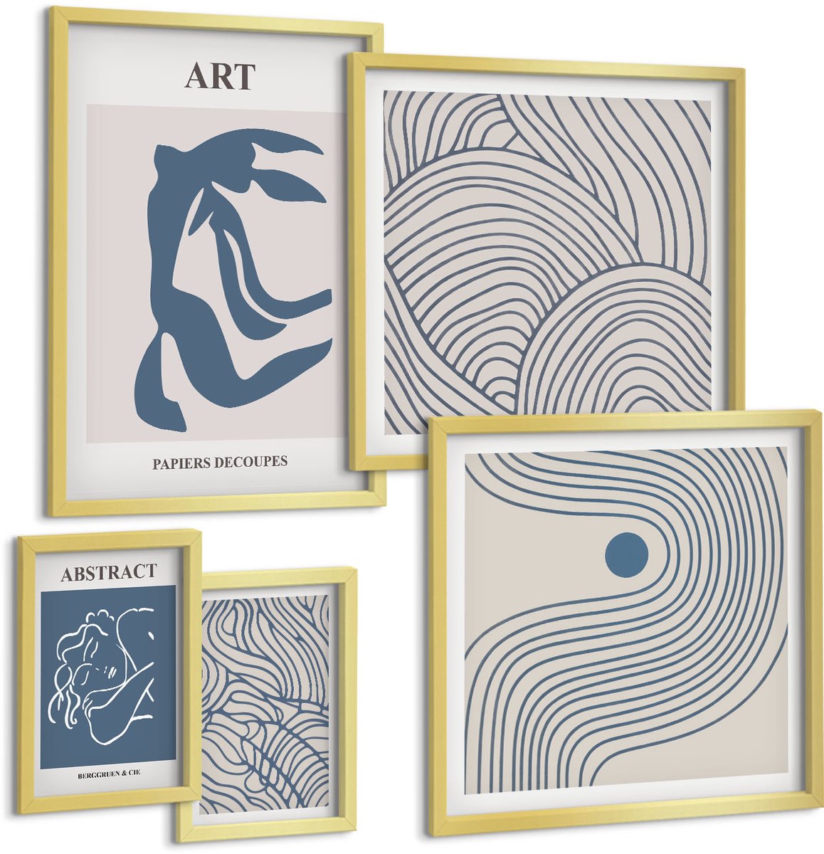 Coloray 5-Delige Schilderij Set - Abstracte Vormen En Lijnen In Een Moderne Stijl. - 50 x 50 cm, 20 x 30 cm En 40 x 60 cm - Decoratieve Schilderijen - Woonkamer - Interieur - Wanddecoratie