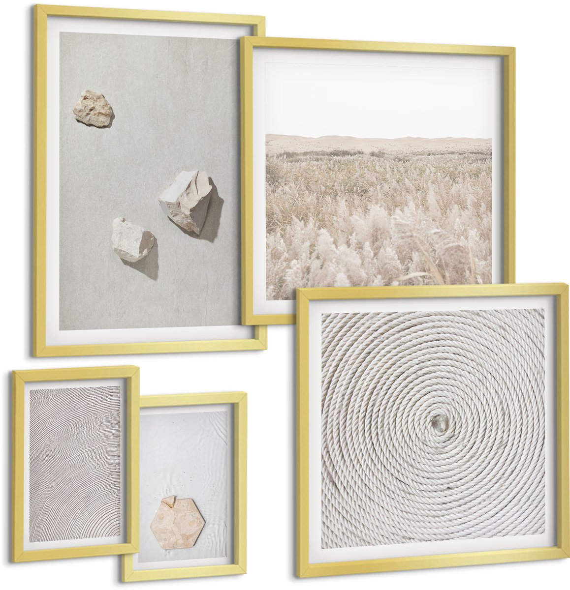 Coloray 5-Delige Schilderij Set - Lichte Texturen Op Zand, Delicate Boho-Stijl - 50 x 50 cm, 20 x 30 cm En 40 x 60 cm - Muurdecoratie - Decoratieve Schilderijen - Wohnzimmer - Moderne Wanddecoratie