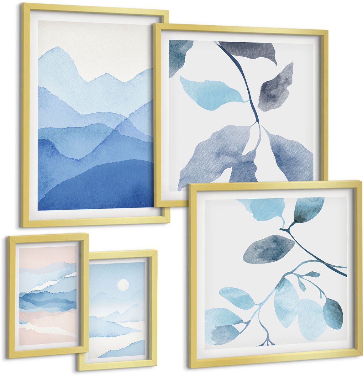 Coloray 5-Delige Schilderij Set - Natuur In Blauwtinten: Minimalistische Landschappen En Bladeren - 50 x 50 cm, 20 x 30 cm En 40 x 60 cm - Wanddecoratie - Muurdecoratie - Woonkamer - Interieur Decoratie