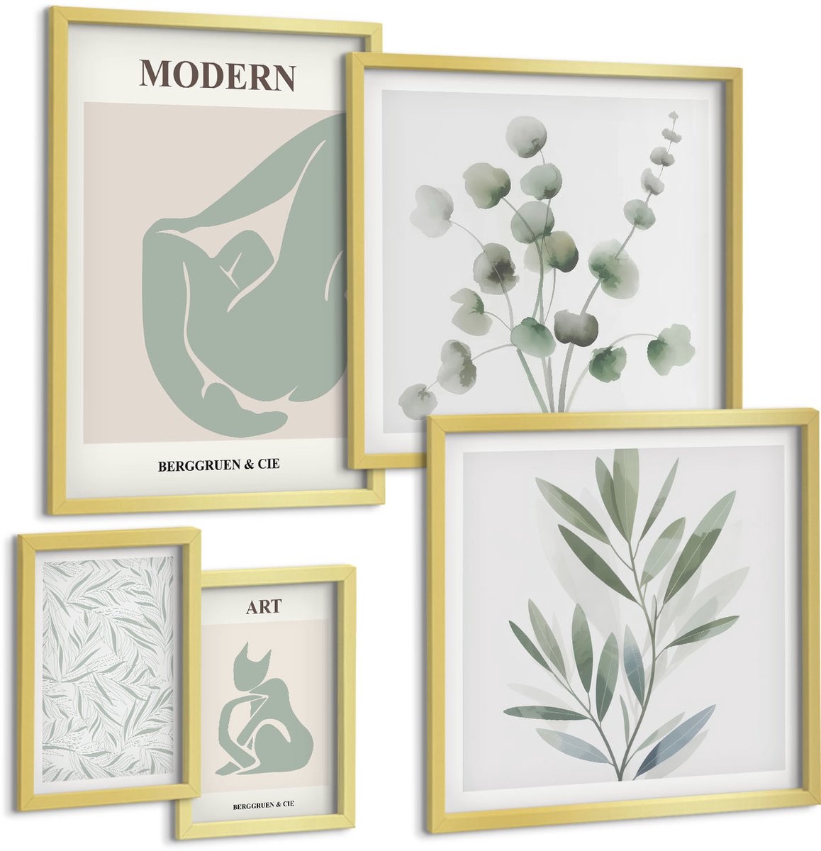 Coloray 5-Delige Schilderij Set - Stijlvolle Afbeeldingen Met Plantmotieven En Abstracte Vormen. - 50 x 50 cm, 20 x 30 cm En 40 x 60 cm - Muurdecoratie - Wanddecoratie - Slaapkamer - Stijlvolle Muurdecoratie