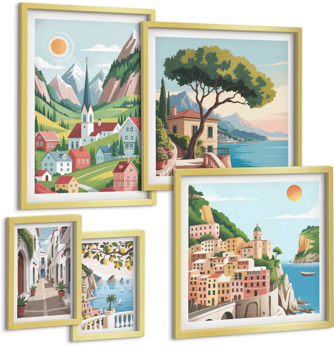 Coloray 5-Delige Schilderij Set - Charmante Berglandschappen En Kustplaatsen - 50 x 50 cm, 20 x 30 cm En 40 x 60 cm - Decoratieve Muurdecoratie - Slaapkamer - Stijlvolle Muurdecoratie
