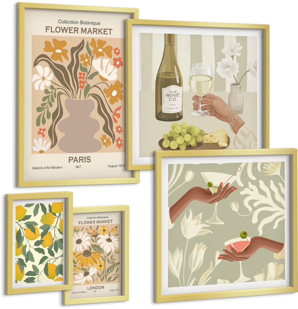 Coloray 5-Delige Schilderij Set - Bloemenmarkten En Fruitaccenten In Vintage Stijl - 50 x 50 cm, 20 x 30 cm En 40 x 60 cm - Schilderijen Set - Wanddecoratie - Woonkamer