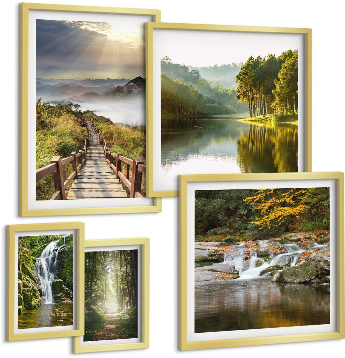 Coloray 5-Delige Schilderij Set - Natuurlandschappen Met Watervallen En Bospaden - 50 x 50 cm, 20 x 30 cm En 40 x 60 cm - Wanddecoratie - Woonkamer Decoratie - Stijlvolle Muurdecoratie
