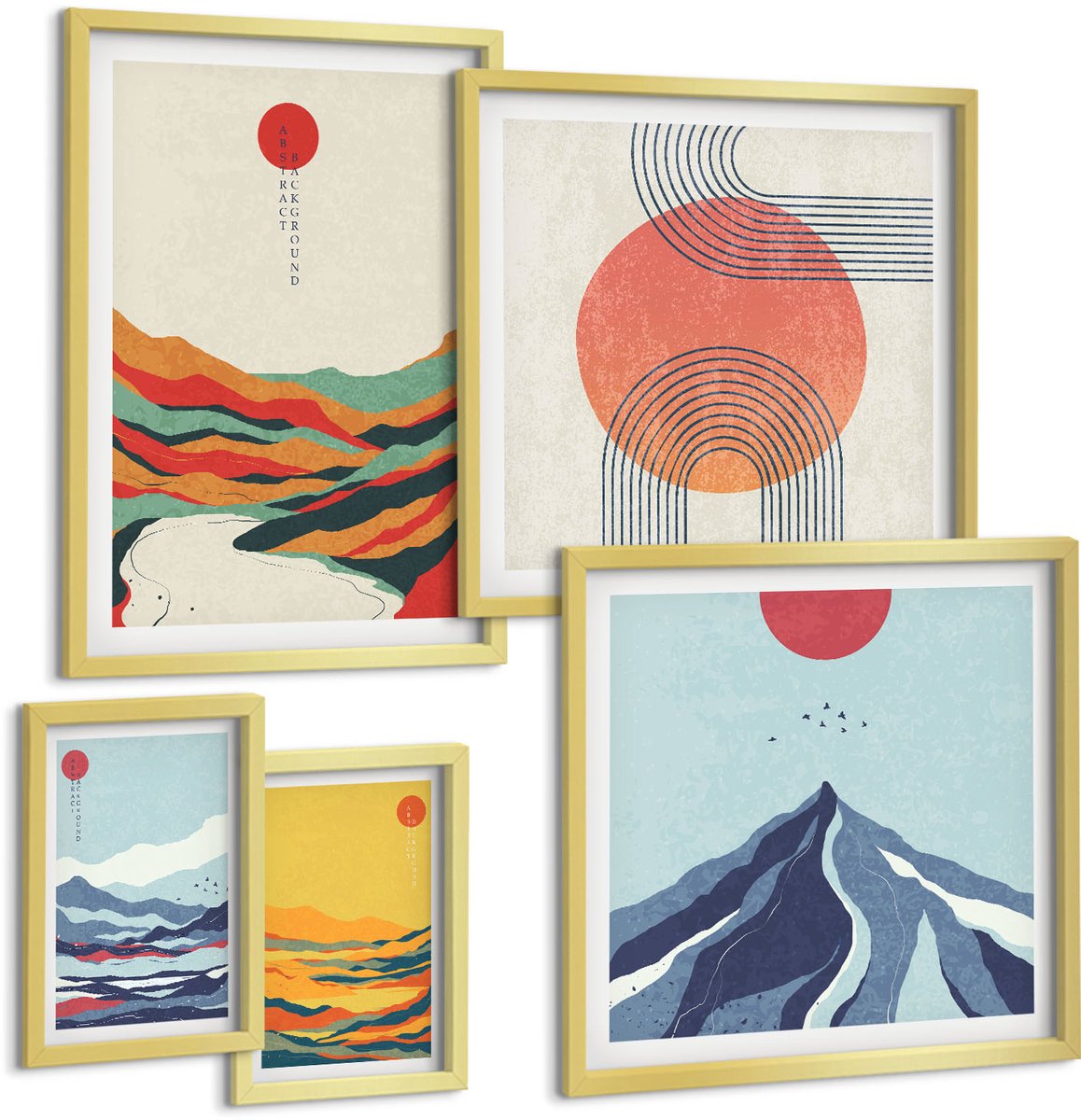 Coloray 5-Delige Schilderij Set - Abstracte Berglandschappen Met Geometrische Vormen - 50 x 50 cm, 20 x 30 cm En 40 x 60 cm - Decoratieve Schilderijen - Woonkamer - Interieur - Stijlvolle Muurdecoratie