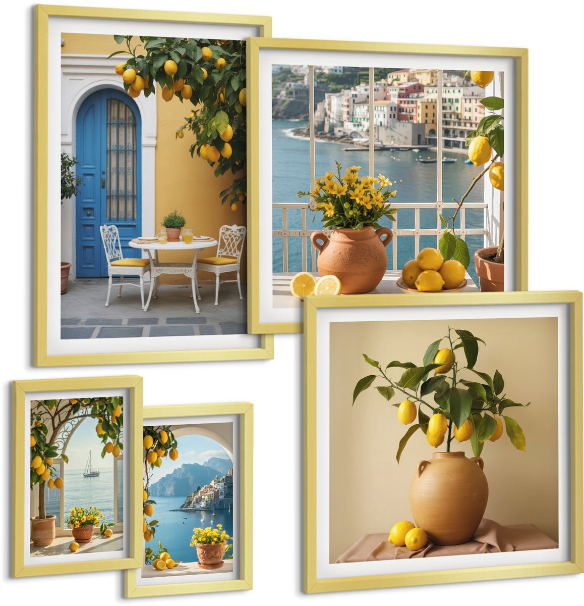 Coloray 5-Delige Schilderij Set - Citroeninspiratie In Een Zonnige Mediterrane Stijl - 50 x 50 cm, 20 x 30 cm En 40 x 60 cm - Muurdecoratie - Schilderijen Set - Woonkamer - Moderne Wanddecoratie