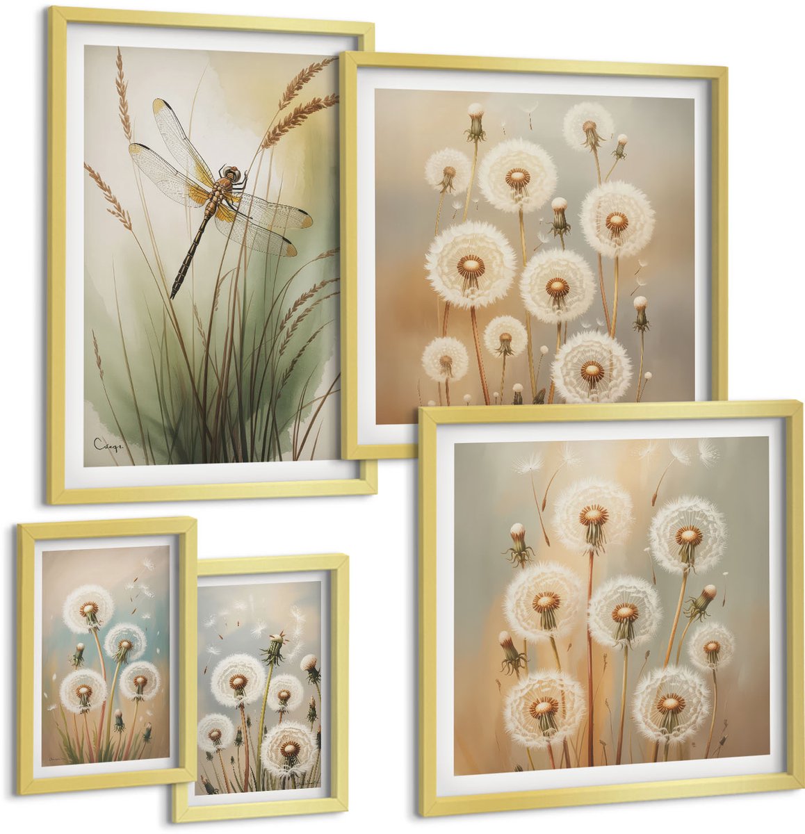Coloray 5-Delige Schilderij Set - Plantenmotieven Met Libellen En Paardenbloemen In Een Natuurlijke Stijl. - 50 x 50 cm, 20 x 30 cm En 40 x 60 cm - Wanddecoratie - Muurdecoratie - Moderne Interieurdecoratie
