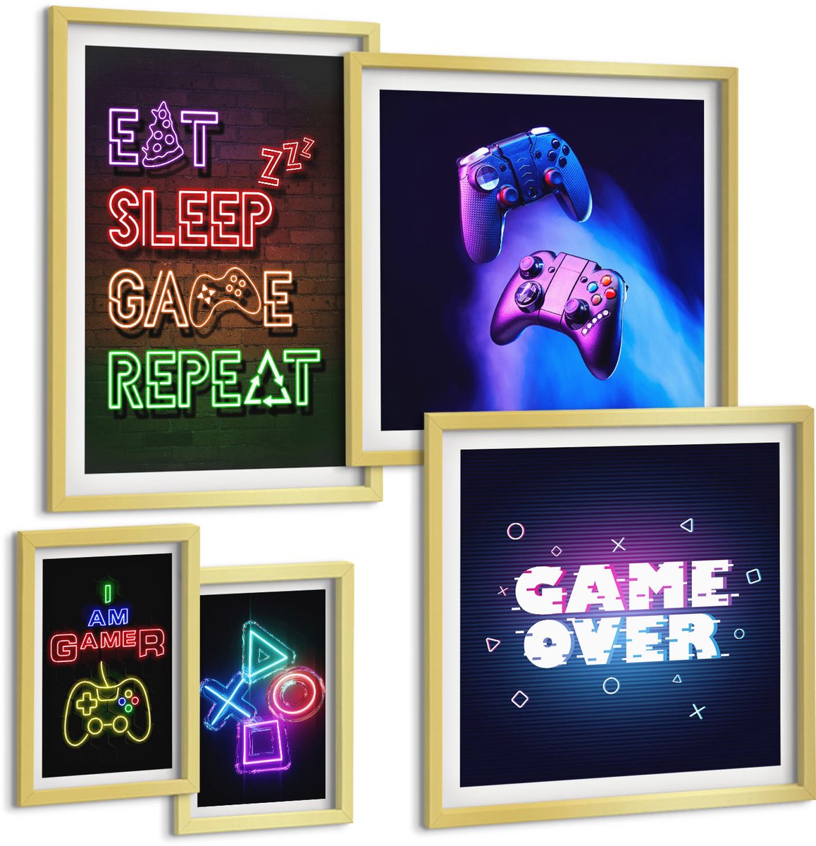 Coloray 5-Delige Schilderij Set - Neon Computerspelthema'S Voor Enthousiaste Gamers - 50 x 50 cm, 20 x 30 cm En 40 x 60 cm - Stijlvolle Muurdecoratie - Slaapkamer - Wanddecoratie