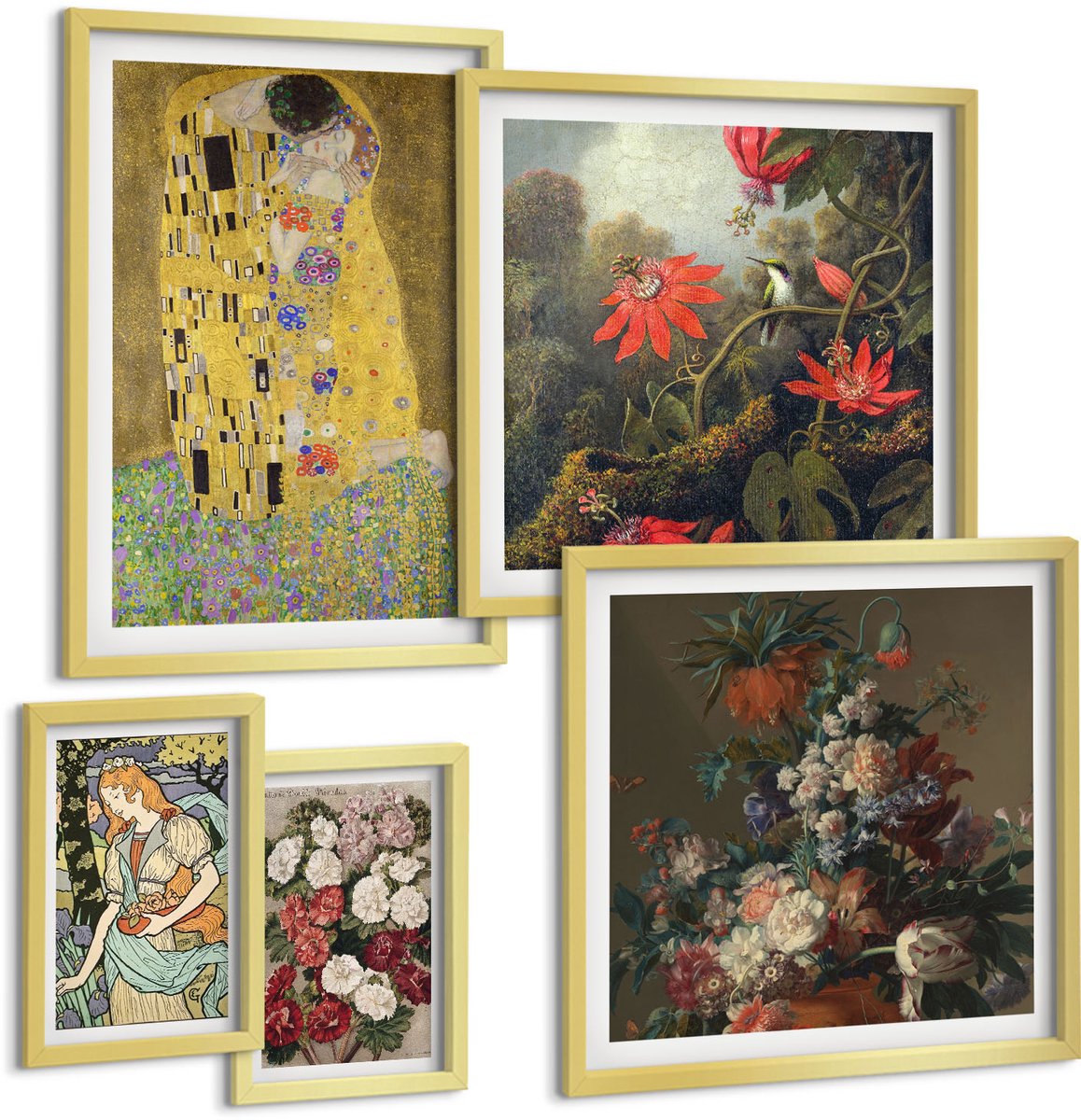 Coloray 5-Delige Schilderij Set - Bloemcomposities En Romantische Scènes In De Kunst - 50 x 50 cm, 20 x 30 cm En 40 x 60 cm - Wanddecoratie - Muurdecoratie - Woonkamer