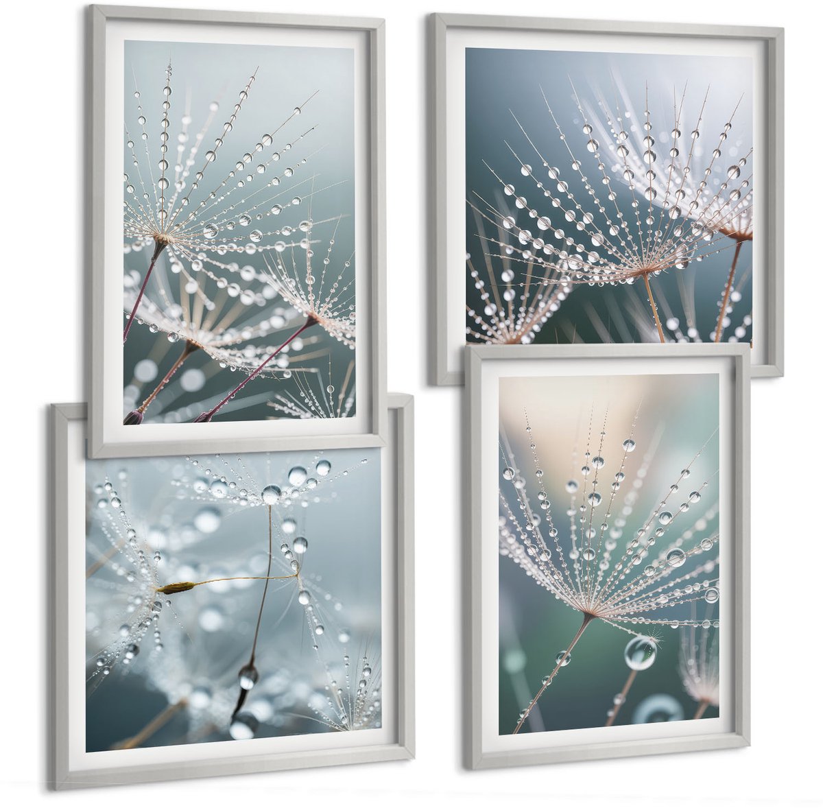 Coloray 4-Delige Schilderij Set - Waterdruppels Op De Tere Scheuten Van Paardenbloemen - 40 x 40 cm En 40 x 60 cm - Moderne Wanddecoratie - Slaapkamer - Decoratieve Schilderijen