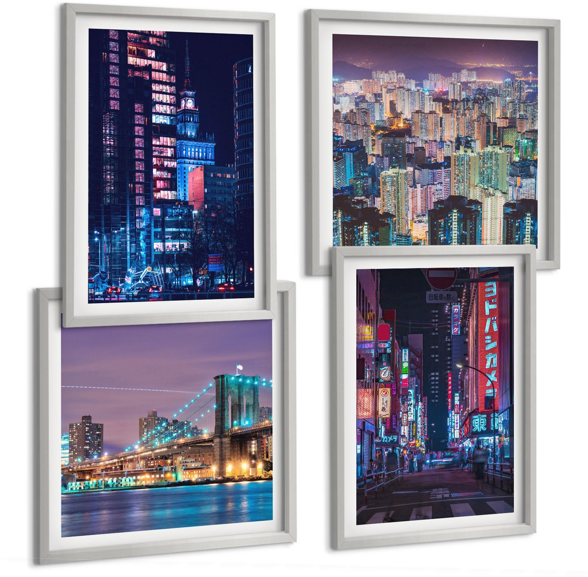 Coloray 4-Delige Schilderij Set - Nachtelijke Stadsgezichten Met Neonlichten - 40 x 40 cm En 40 x 60 cm - Stijlvolle Muurdecoratie - Slaapkamer