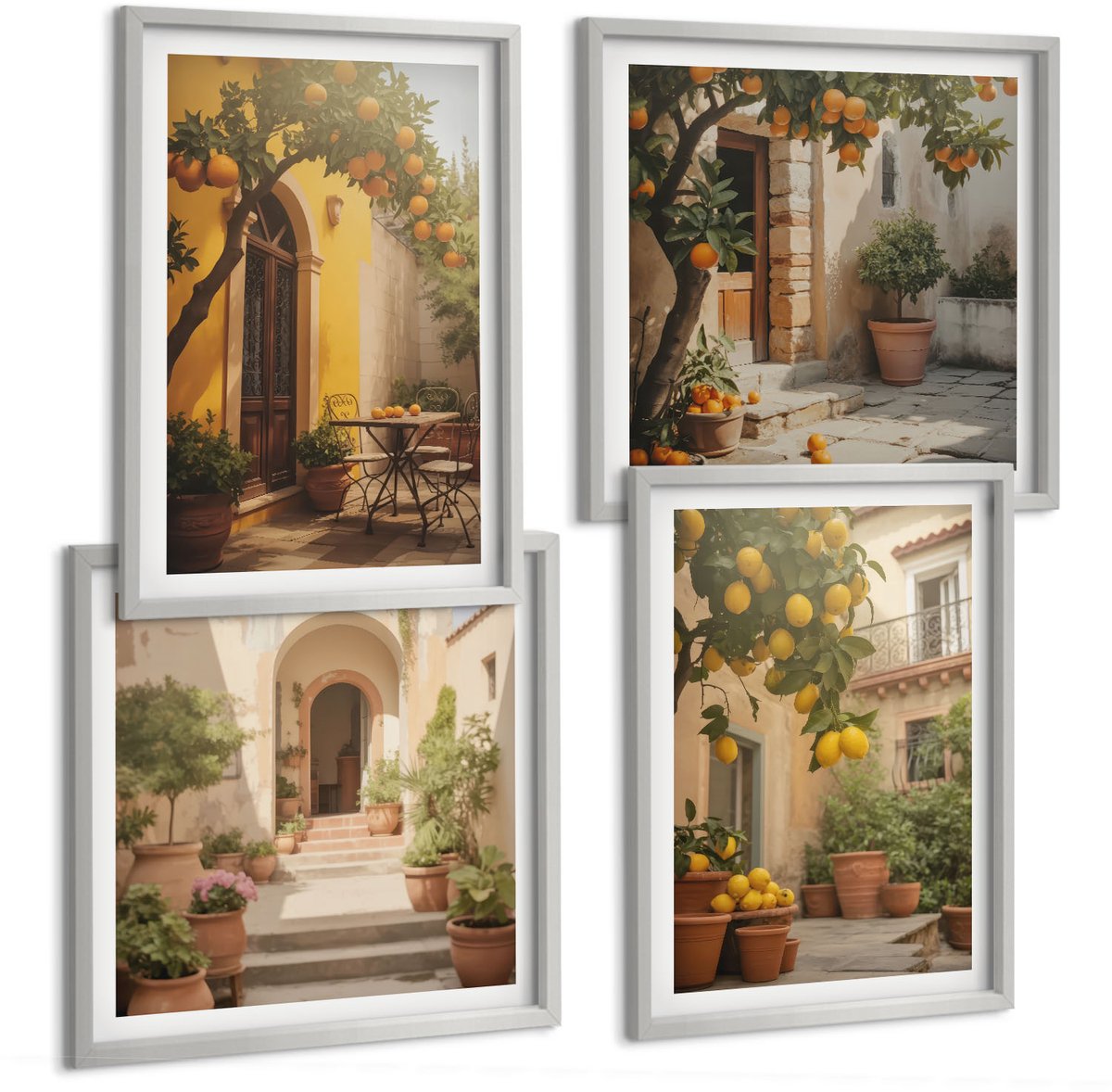 Coloray 4-Delige Schilderij Set - Zonnig Terras Met Citrusbomen En Potten. - 40 x 40 cm En 40 x 60 cm - Wanddecoratie - Muurdecoratie - Moderne Interieurdecoratie - Moderne Wanddecoratie