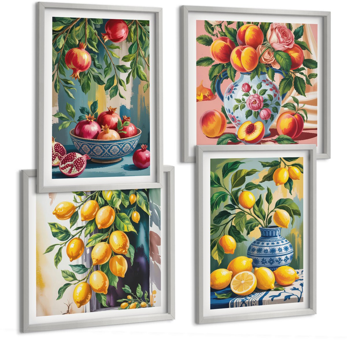 Coloray 4-Delige Schilderij Set - Fruitcomposities Met Granaatappels, Citroenen En Perziken - 40 x 40 cm En 40 x 60 cm - Decoratieve Muurdecoratie - Slaapkamer - Woonkamer Decoratie