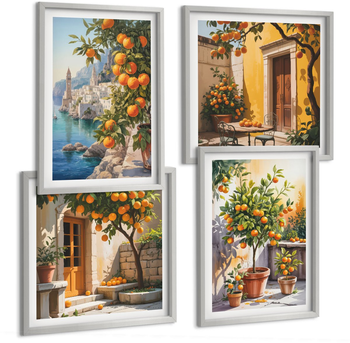 Coloray 4-Delige Schilderij Set - Geschilderde Citrusvruchten En Kustlandschappen - 40 x 40 cm En 40 x 60 cm - Stijlvolle Wanddecoratie - Interieur - Moderne Wanddecoratie