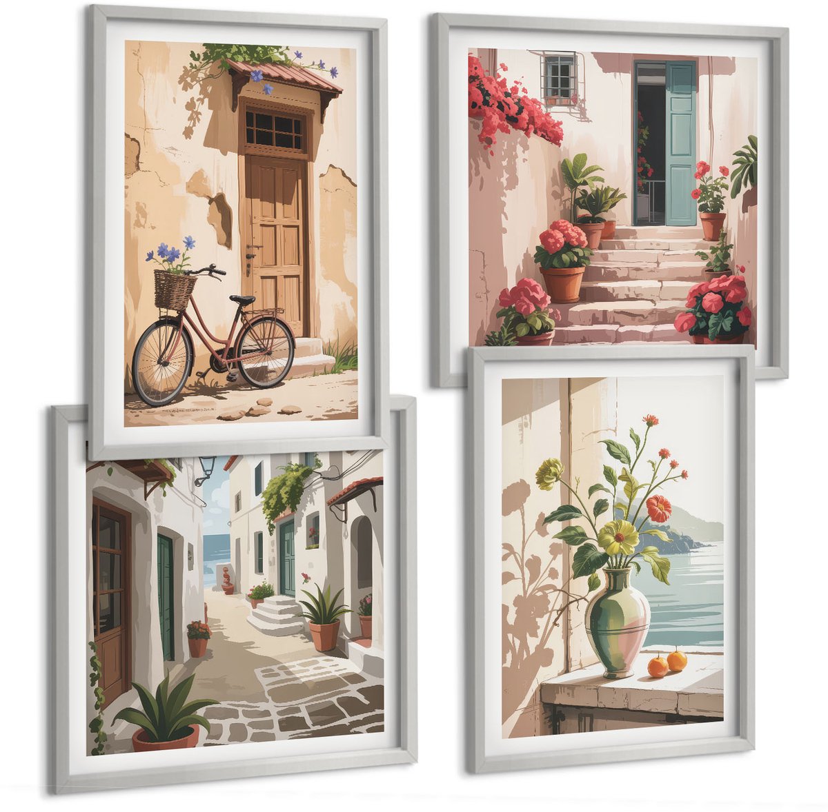 Coloray 4-Delige Schilderij Set - Geschilderde Straten Met Bloemen En Een Fiets - 40 x 40 cm En 40 x 60 cm - Stijlvolle Muurdecoratie - Slaapkamer - Interieur Decoratie