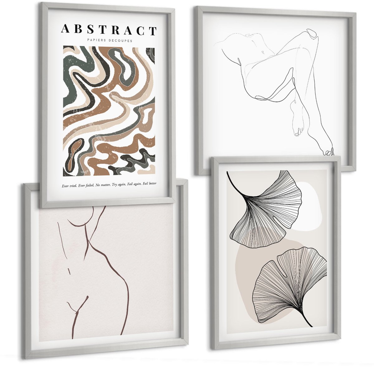 Coloray 4-Delige Schilderij Set - Abstracte Poster Met Vrouwelijke Vormen En Bladeren In Boho-Stijl. - 40 x 40 cm En 40 x 60 cm - Muurdecoratie - Decoratieve Schilderijen - Wohnzimmer - Woonkamer Decoratie