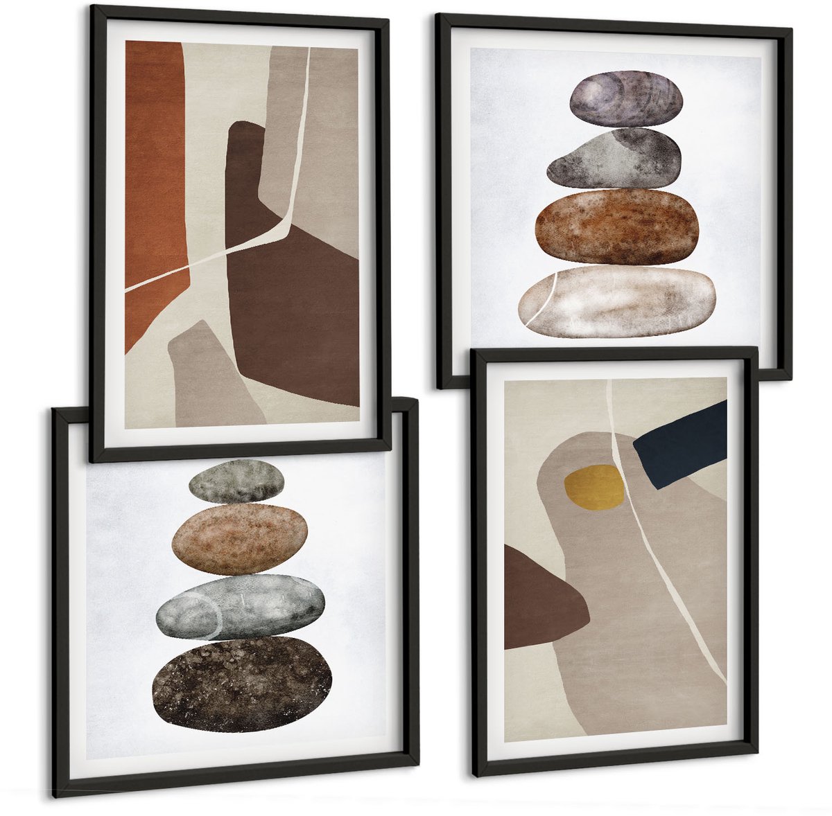 Coloray 4-Delige Schilderij Set - Abstracte Boho-Schildervormen In Moderne Stijl - 40 x 40 cm En 40 x 60 cm - Moderne Wanddecoratie - Slaapkamer - Interieur Decoratie Zwarte lijst
