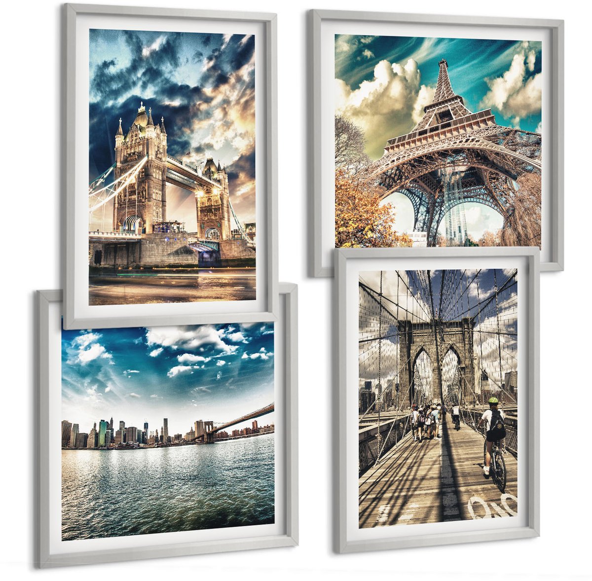 Coloray 4-Delige Schilderij Set - Bruggen En Torens In Europese Steden - 40 x 40 cm En 40 x 60 cm - Decoratieve Schilderijen - Wanddecoratie - Hal