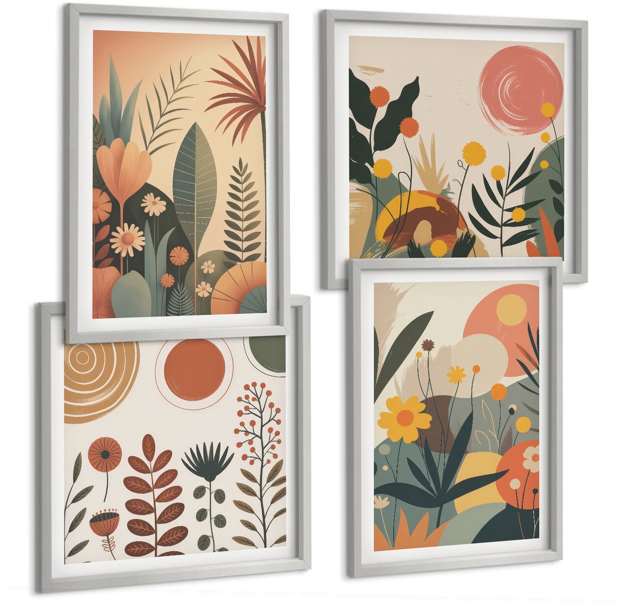 Coloray 4-Delige Schilderij Set - Boho-Plantenpatronen In Warme Tinten Met Natuur. - 40 x 40 cm En 40 x 60 cm - Wanddecoratie - Schilderijen Set - Interieur - Stijlvolle Muurdecoratie
