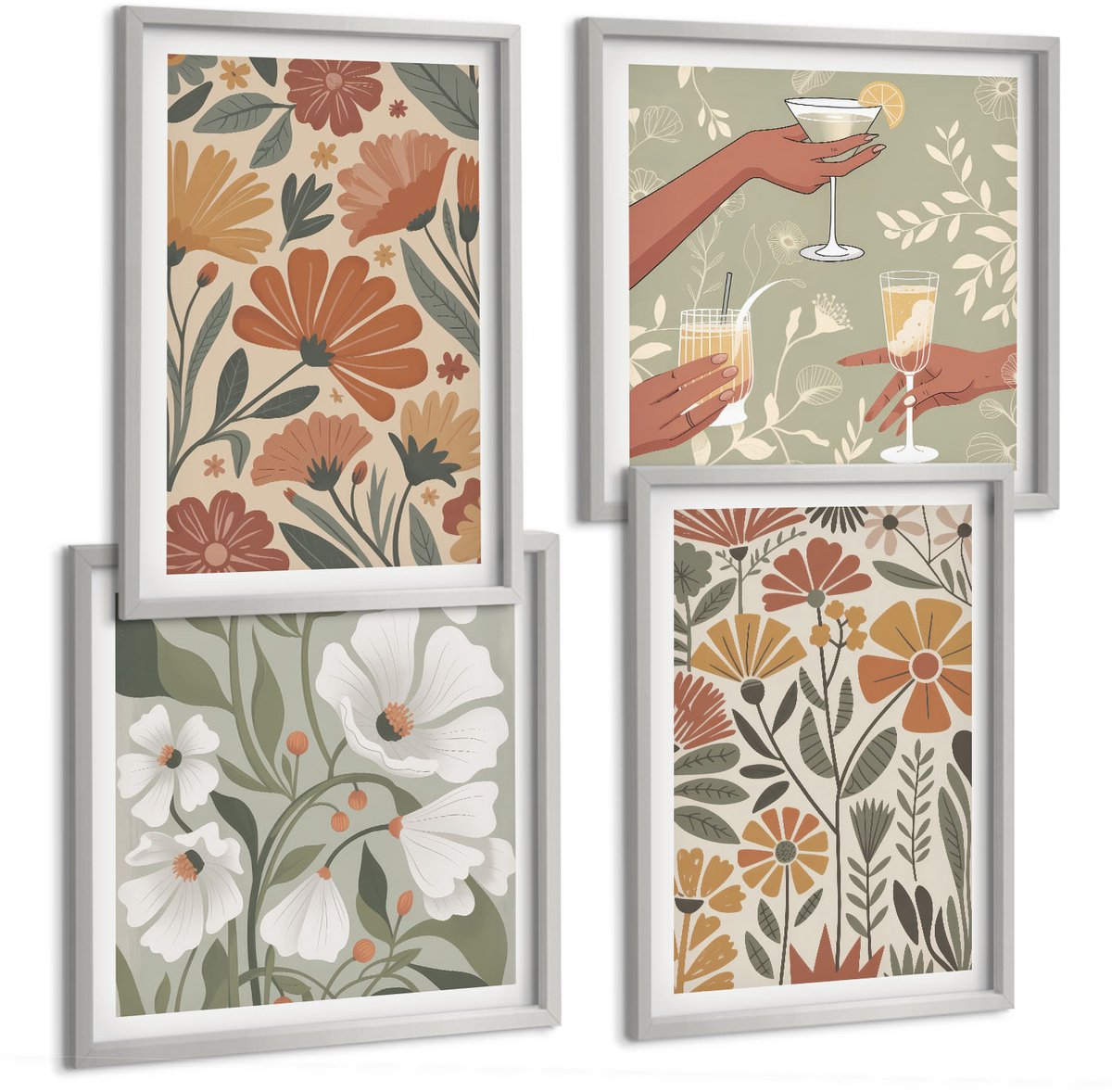 Coloray 4-Delige Schilderij Set - Bloemenpatronen In Oranje En Groene Tinten. - 40 x 40 cm En 40 x 60 cm - Muurdecoratie - Decoratieve Schilderijen - Wohnzimmer