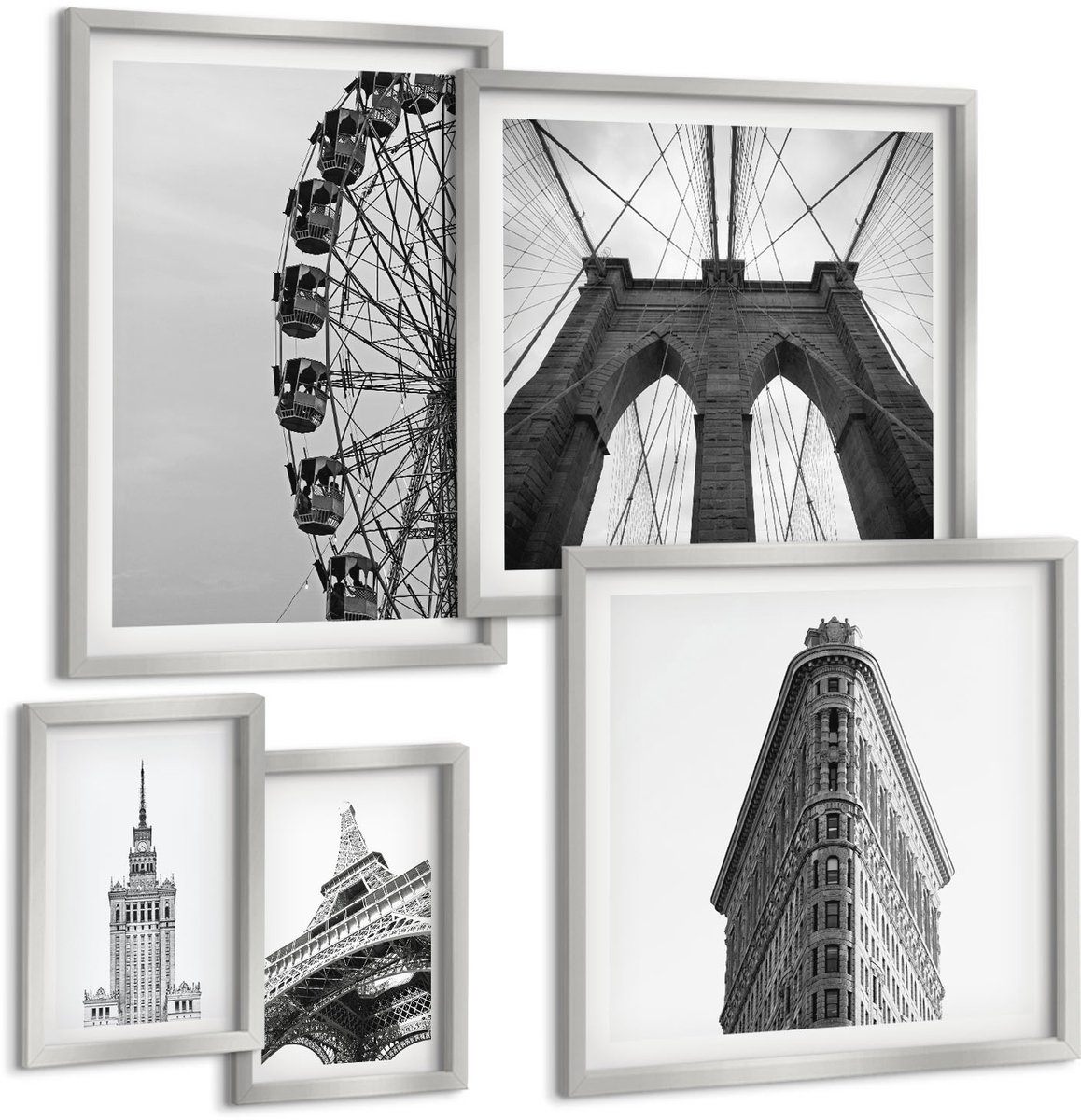Coloray 5-Delige Schilderij Set - Architectonische Gebouwen In Zwart-Wit Minimalisme - 20 x 30 cm - Muurdecoratie - Wanddecoratie - Slaapkamer - Stijlvolle Muurdecoratie
