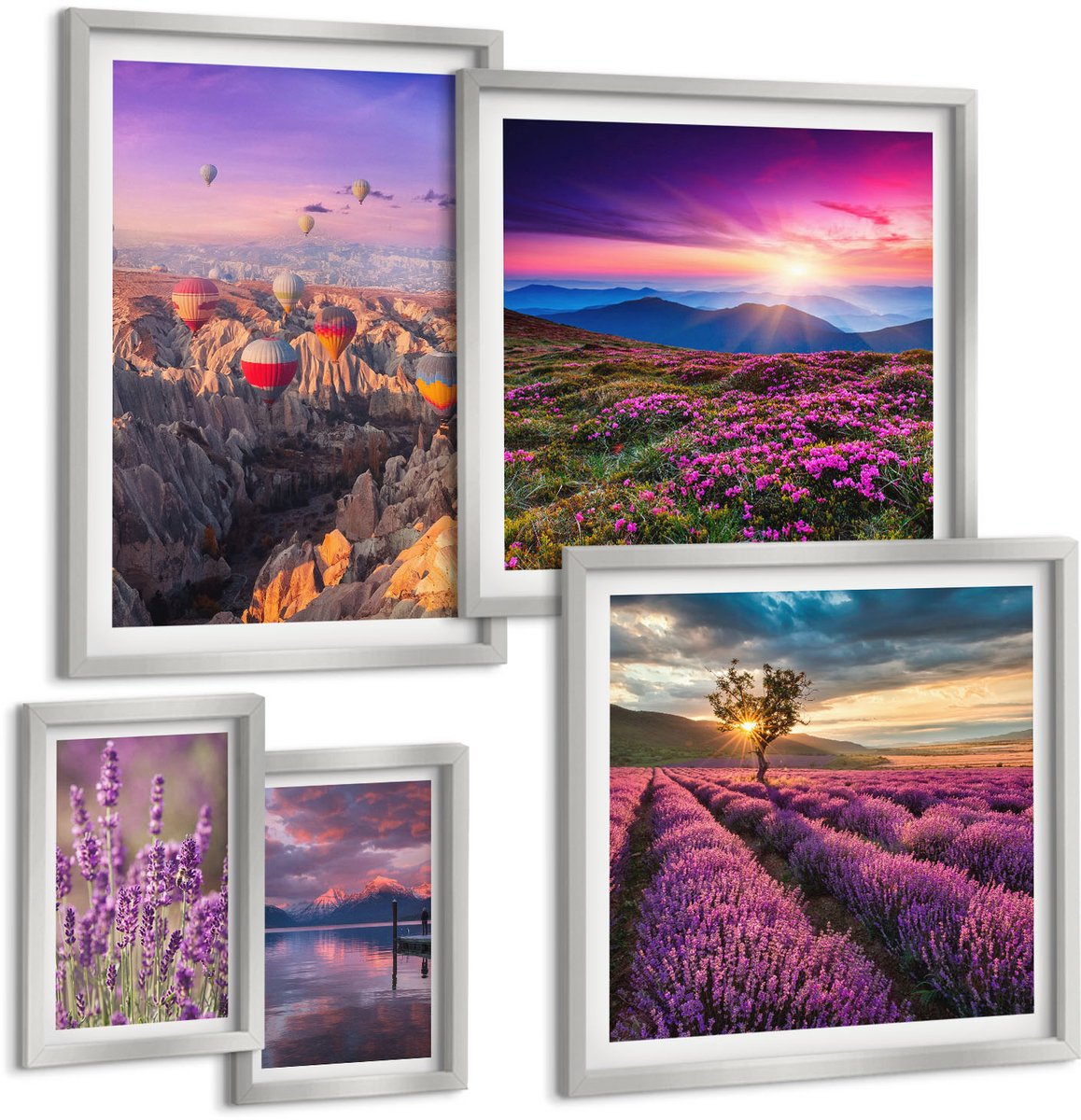 Coloray 5-Delige Schilderij Set - Landschap Met Lavendelvelden En Zonsondergang - 20 x 30 cm - Decoratieve Muurdecoratie - Slaapkamer - Wanddecoratie