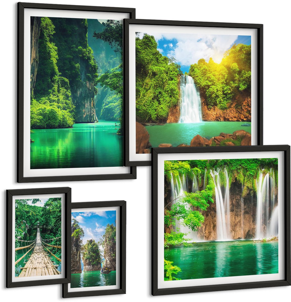 Coloray 5-Delige Schilderij Set - Tropische Landschappen Met Watervallen En Groen. - 50 x 50 cm, 20 x 30 cm En 40 x 60 cm - Decoratieve Muurdecoratie - Slaapkamer - Woonkamer Decoratie